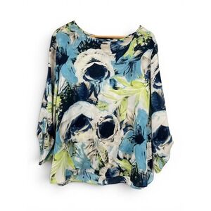 Chicos Blue Floral Watercolor Roll Tab Sleeve Blouse Size 3 XL